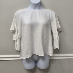 Velvet By Graham&Spencer 100% Linen Ruffle Top White Minimalist Coastal Peasant
